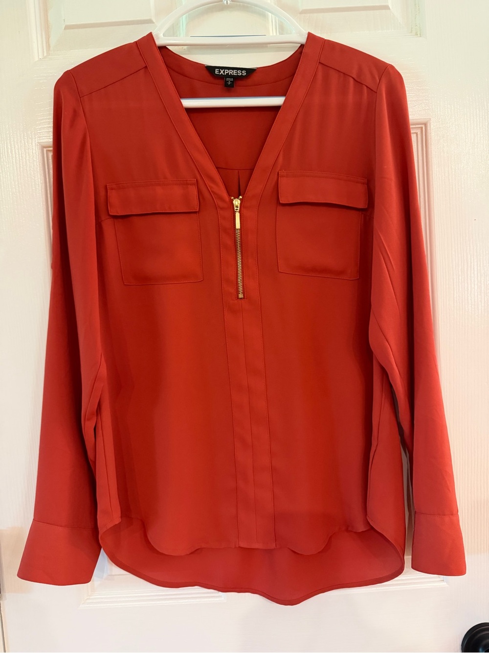 Express Women's Rust Red V-Neck Zip Front Blouse